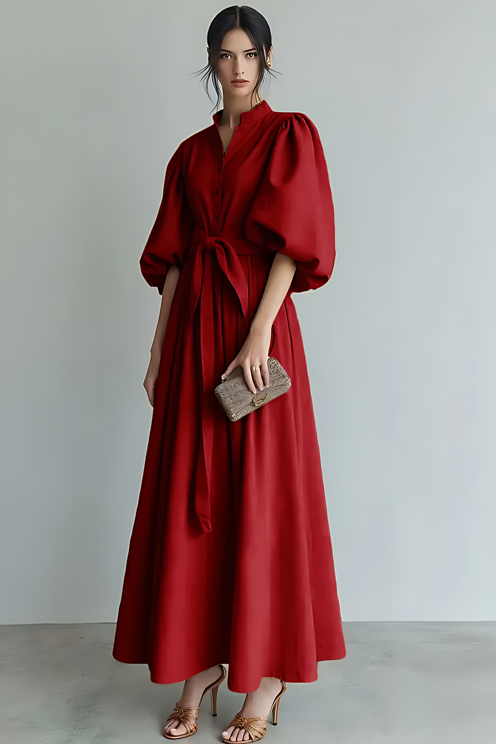 Ivory Puff Sleeves A Line Maxi Formal Dress with Sash