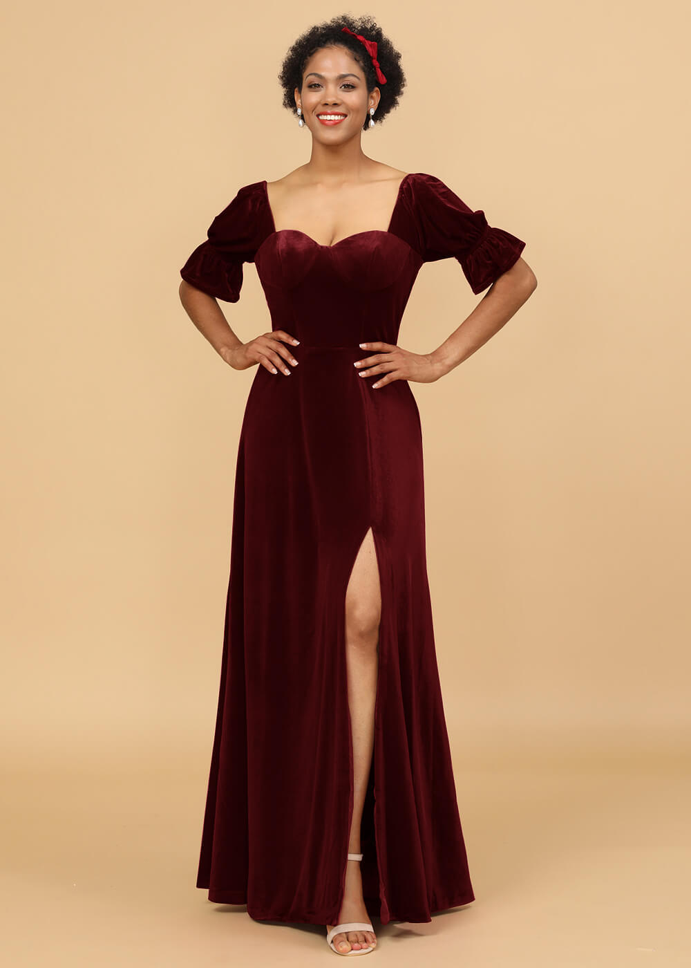Short Sleeves A-line Velvet Bridesmaid Dress with Sllit