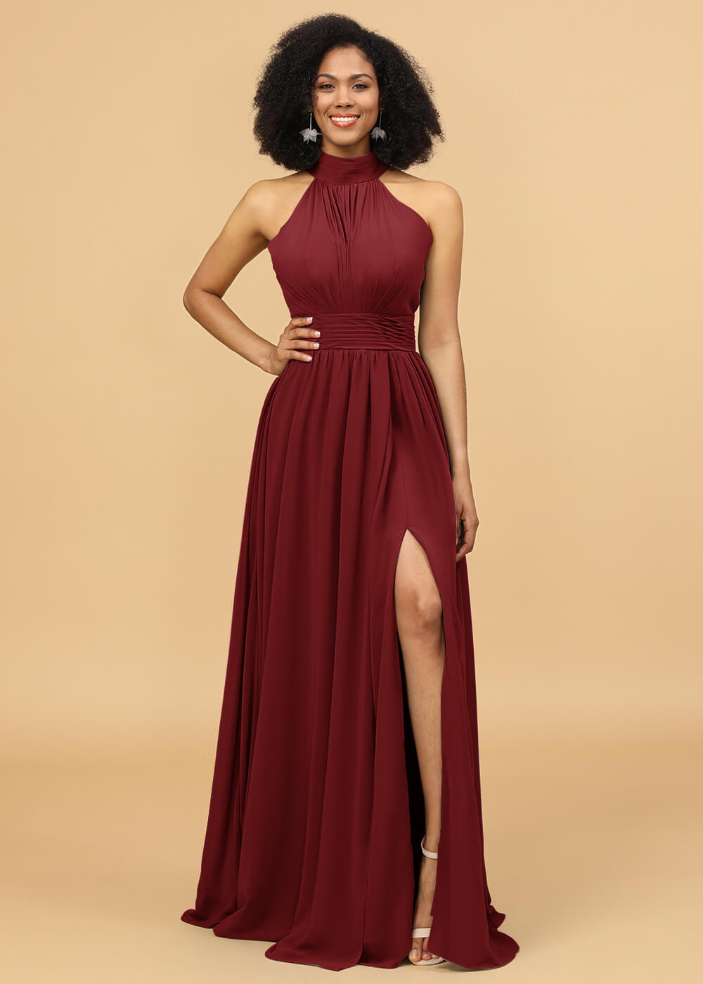 Burgundy halter bridesmaid dress best sale