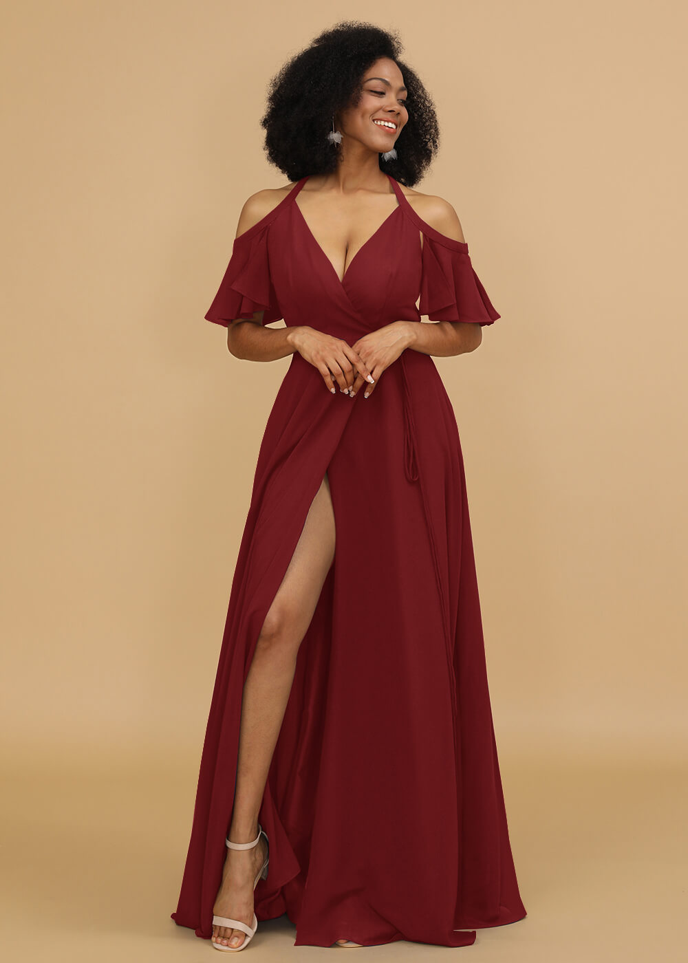 Ruffles Sleeves A-line Wrap Bridesmaid Dress