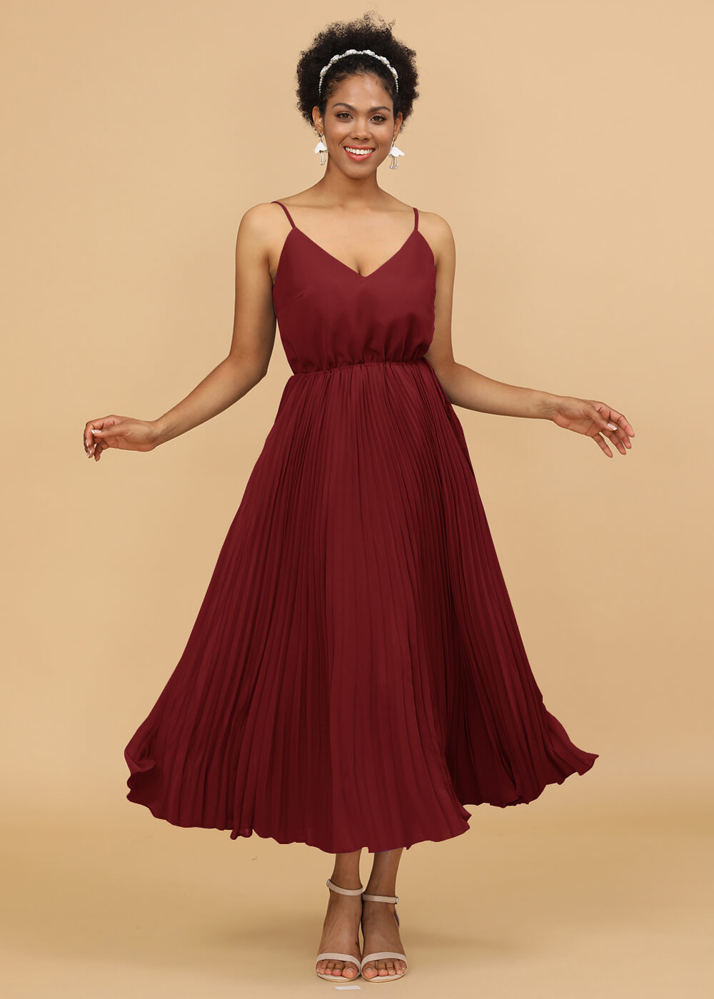 V-neck Spaghetti Strap Tea Length Bridesmaid Dress