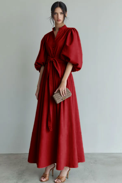 Ivory Puff Sleeves A Line Maxi Formal Dress with Sash