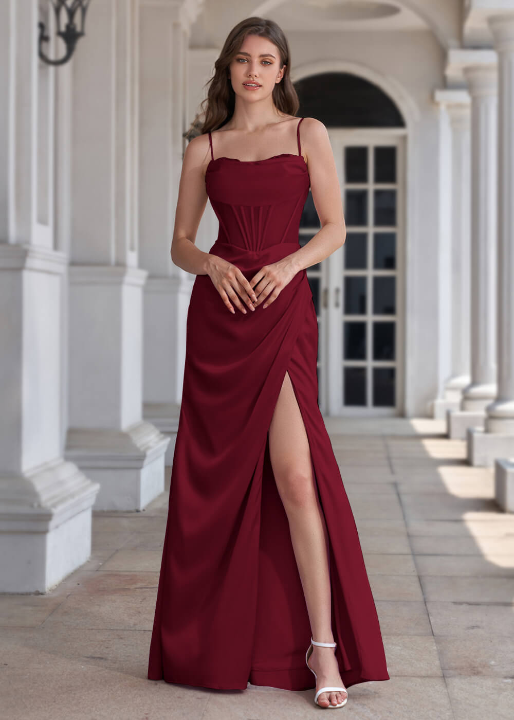 Spaghetti Strap Corset Crepe Sheath Floor Length Bridesmaid Dress