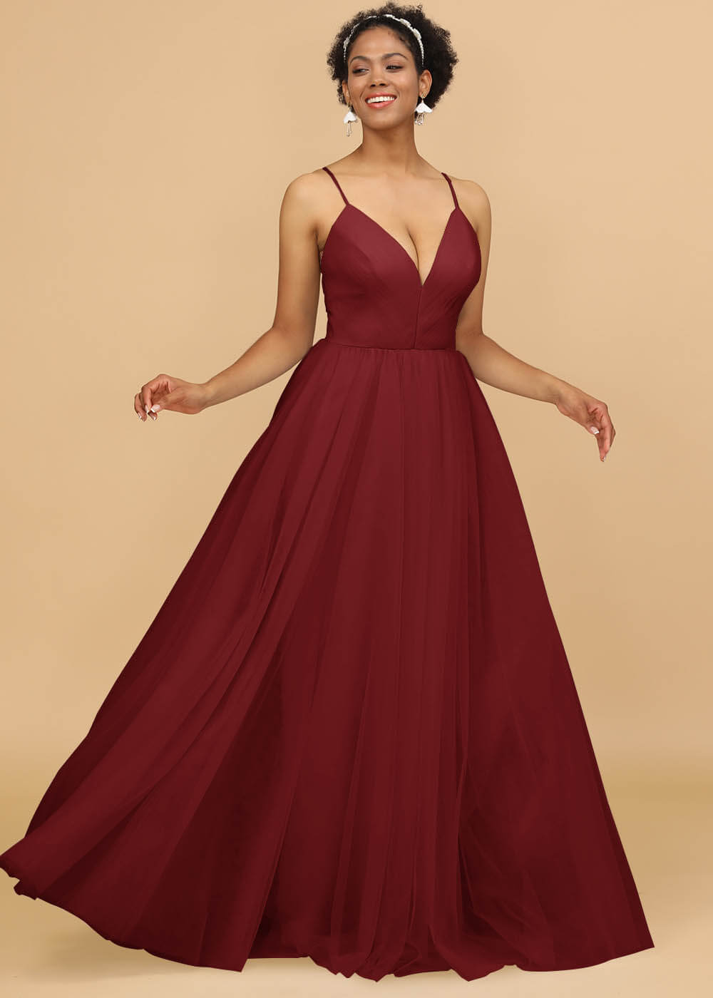 Deep V-neck Strap Tulle Bridesmaid Dress