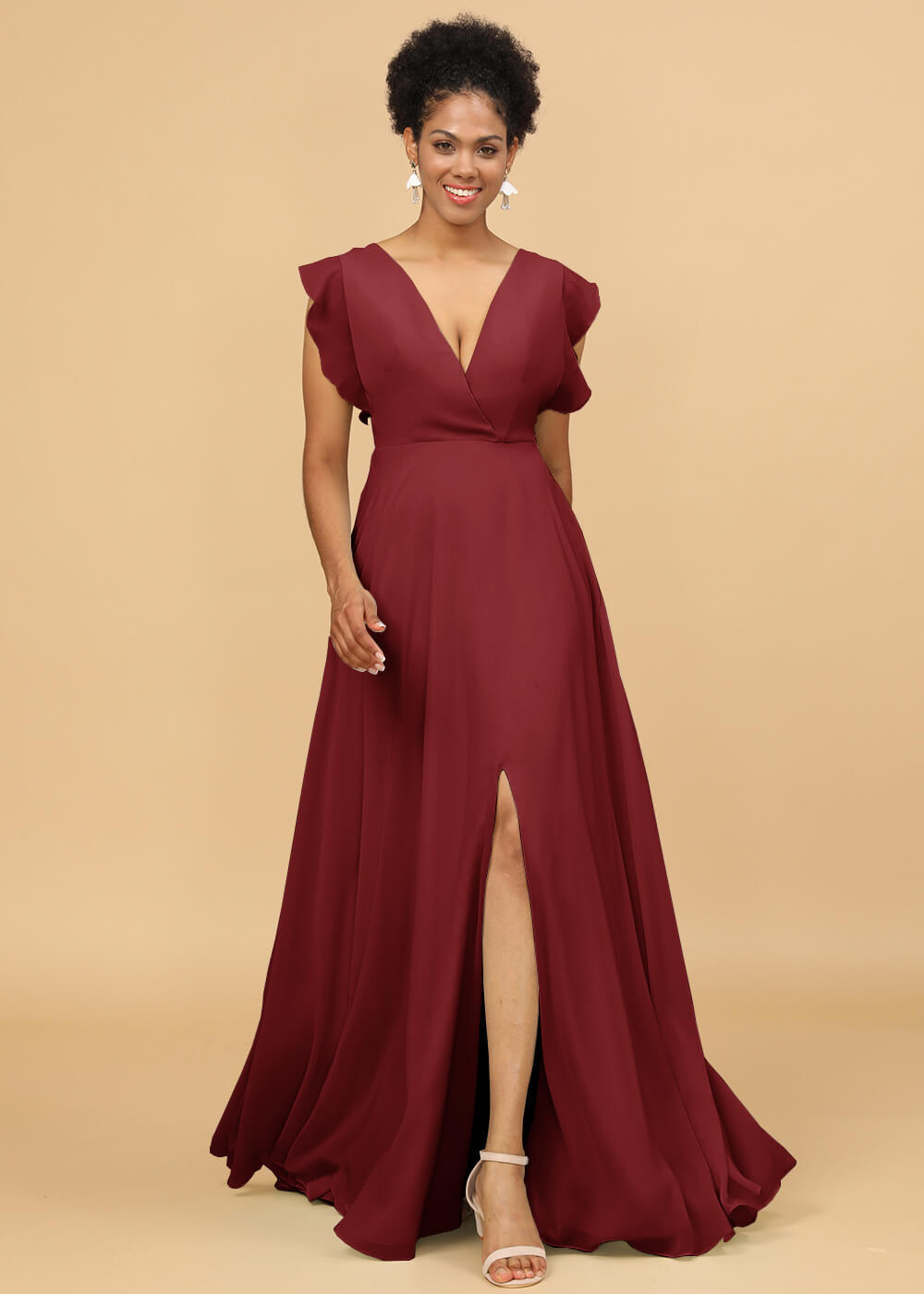 V-neck Ruffles Cap Sleeve Chiffon Bridesmaid Dress