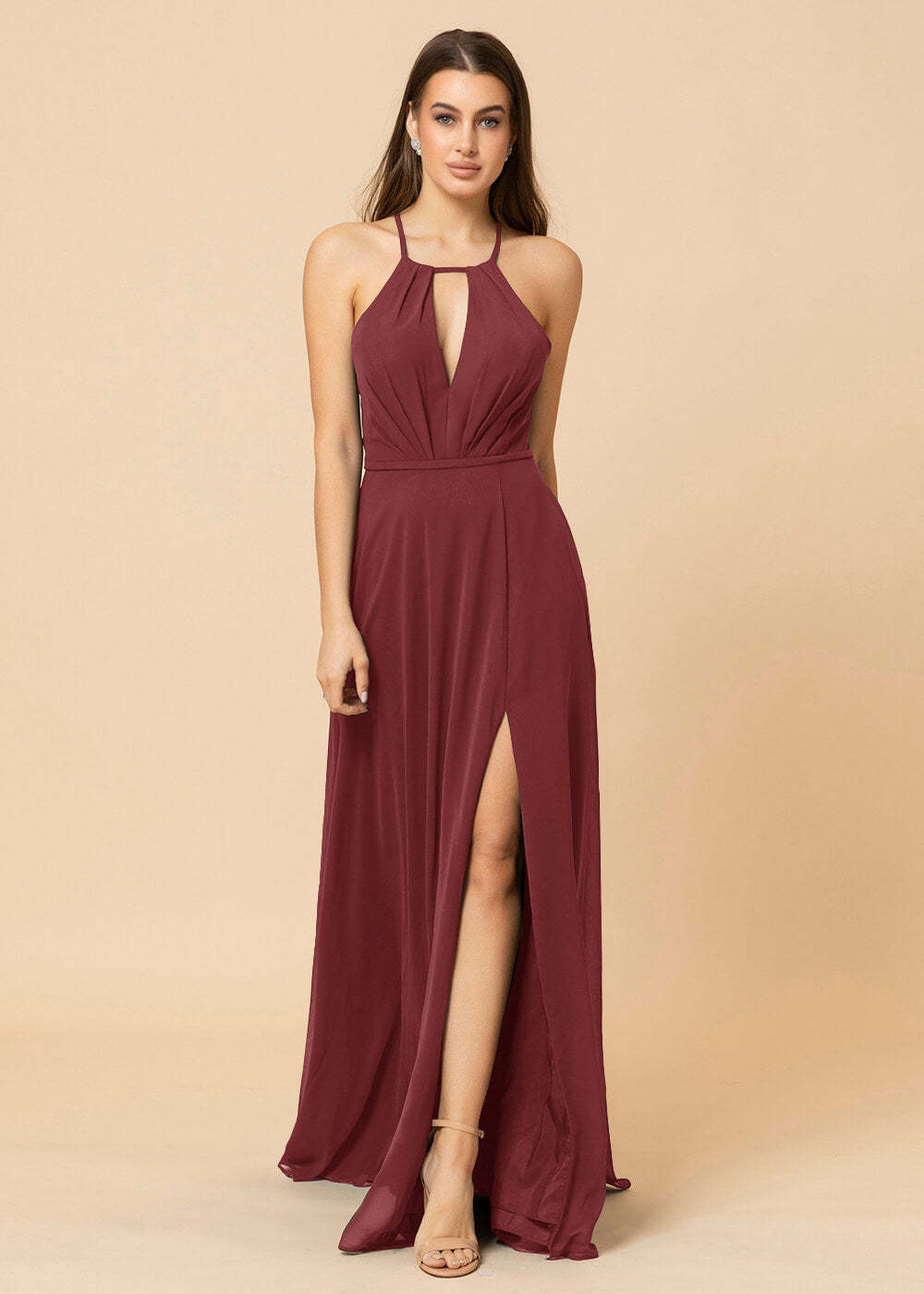 Halter Neck Chiffon Floor Length Bridesmaid Dress