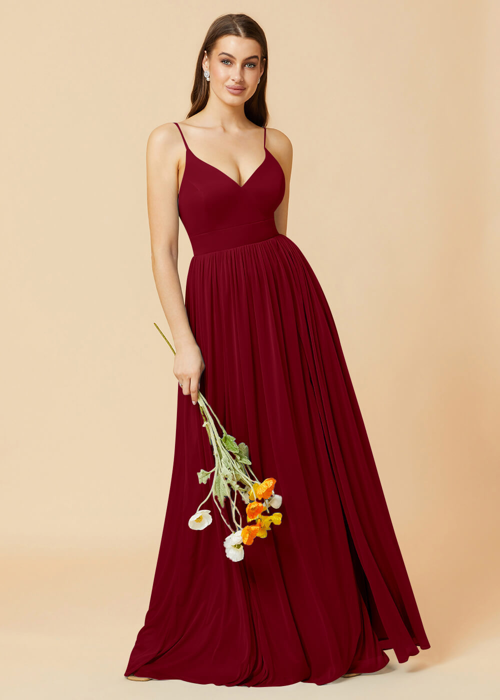 V-neck Spaghetti Strap Open Back Chiffon Bridesmaid Dress