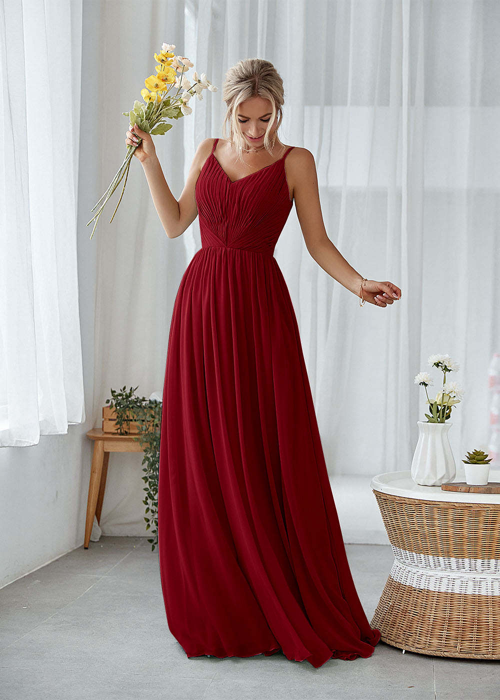 A-line V-neck Pleated Bridesmaid Dress