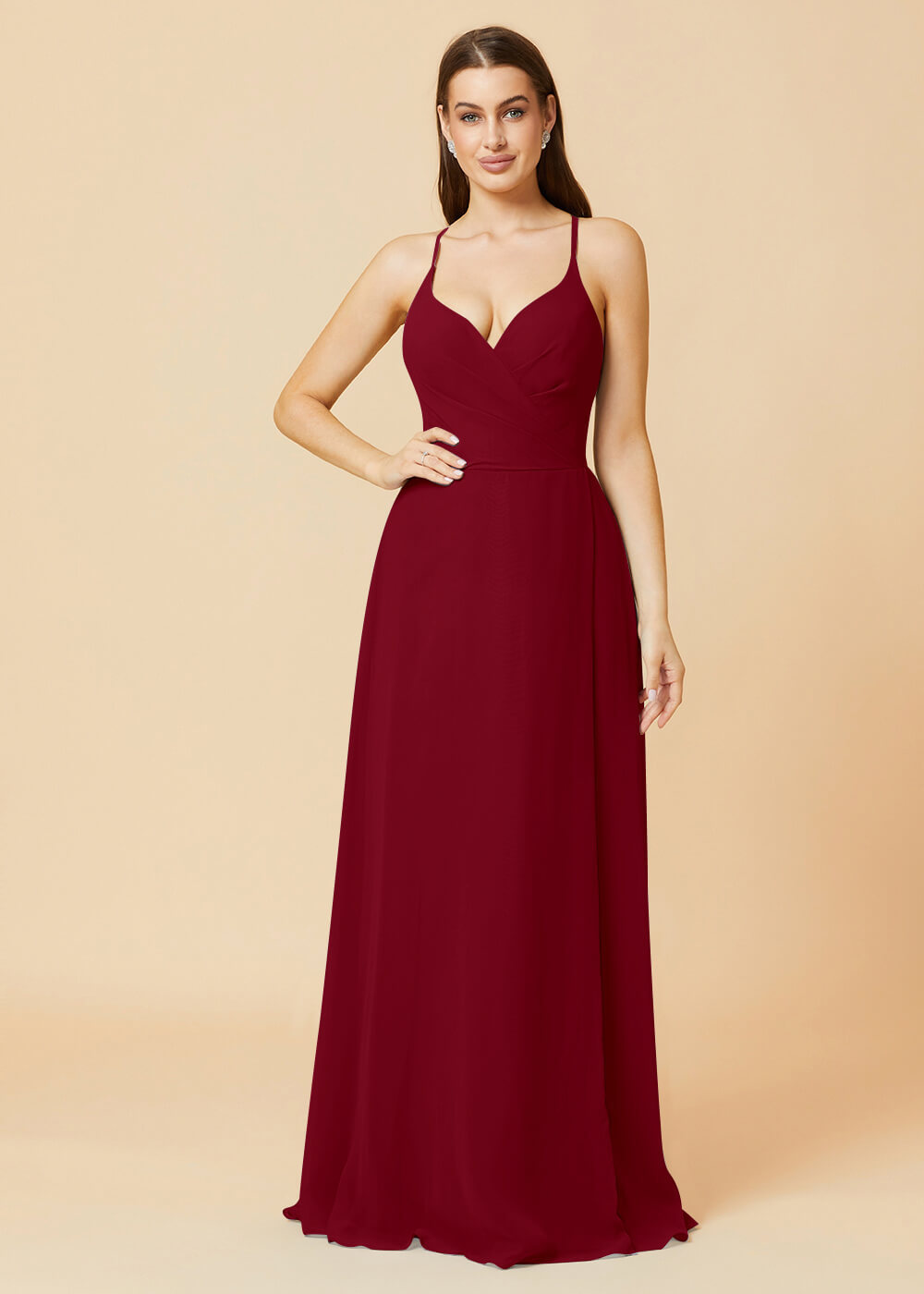 V-neck Spaghetti Strap Button Back Chiffon Bridesmaid Dress