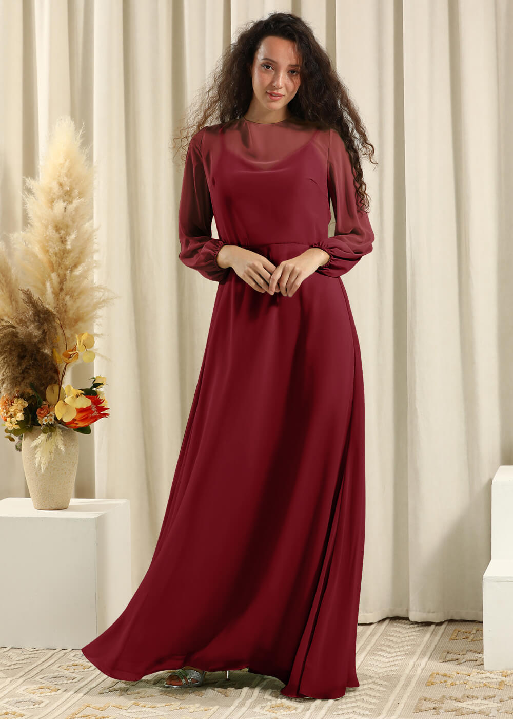 Long Sleeve A-line Chiffon Keyhole Back Bridesmaid Dress