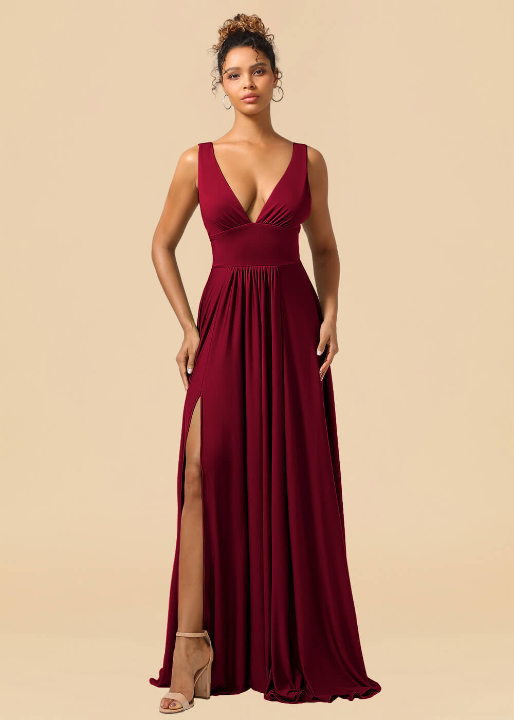 Deep V-neck Spandex A-line Maxi Bridesmaid Dress with Slit