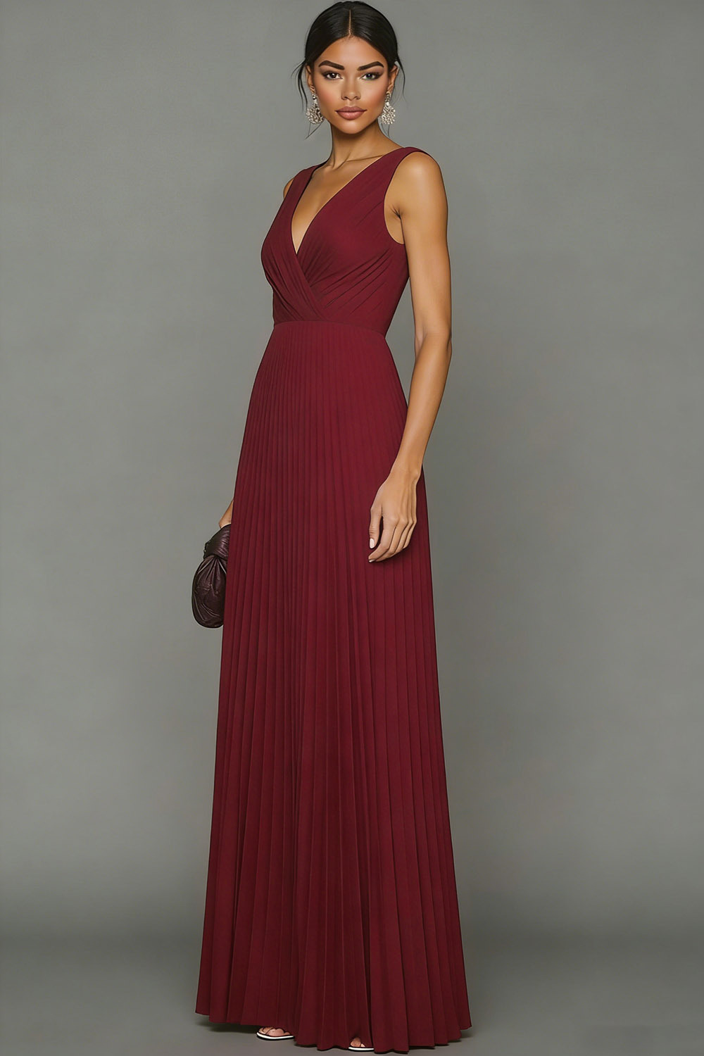 Fuchsia Pleated A Line Metallic V-Neck Maxi Evening Dress