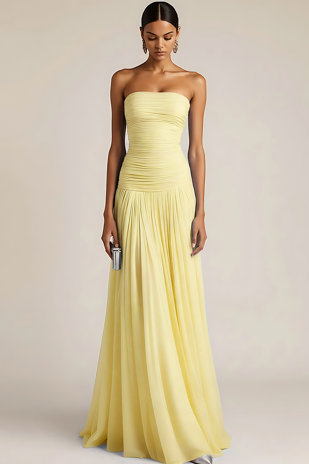 Light Blue Strapless Ruched Maxi Bridesmaid Dress