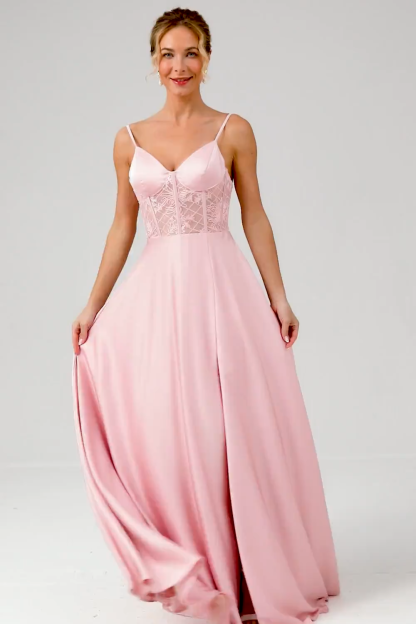 Pink Spaghetti Straps Corset A-Line Satin Bridesmaid Dress with Slit
