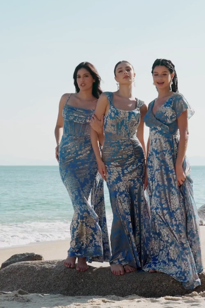 Grey Blue Mermaid Ruched Burnout Velvet Bridesmaid Dress