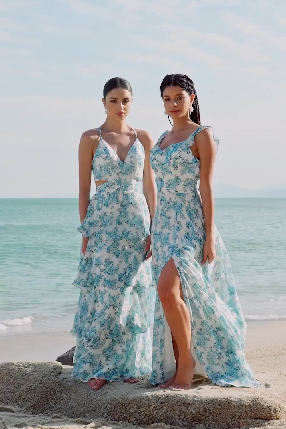 White Blue Flower Spaghetti Straps A Line Backless Bridesmaid Dress with Slit
