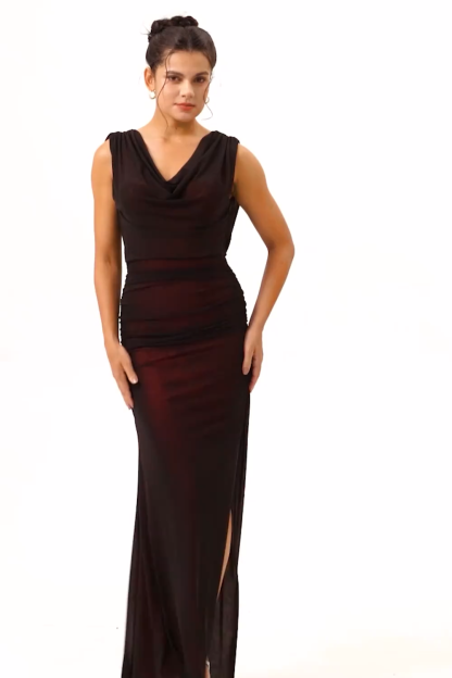 Black Red Mermaid Cowl Neck Long Bridesmaid Dress with Slit