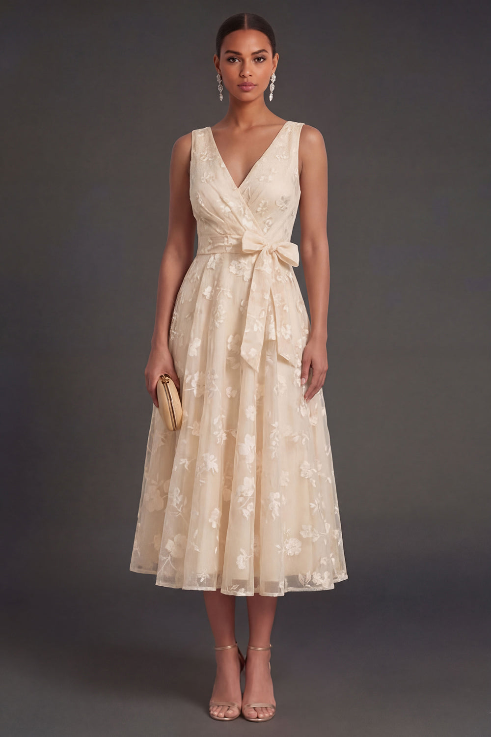 A Line Floral White V Neck Ruched Midi Beach Engagement Dress