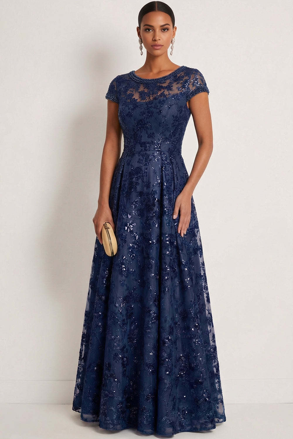 Leely Women Sparkly Sequin Navy Floral Long Gala Dress Round Neck A Line Evening Dress