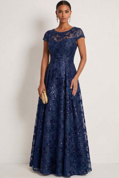 Leely Women Sparkly Sequin Navy Floral Long Gala Dress Round Neck A Line Evening Dress