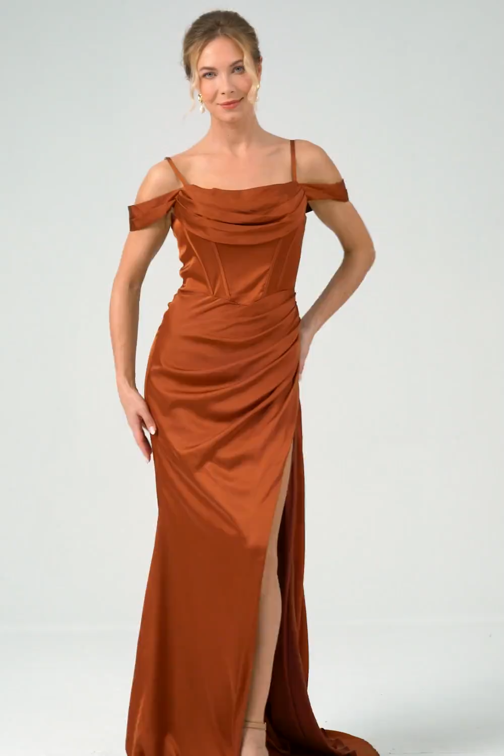 Coffee Cold Shoulder Satin Mermaid Wedding Party Dress with Slit