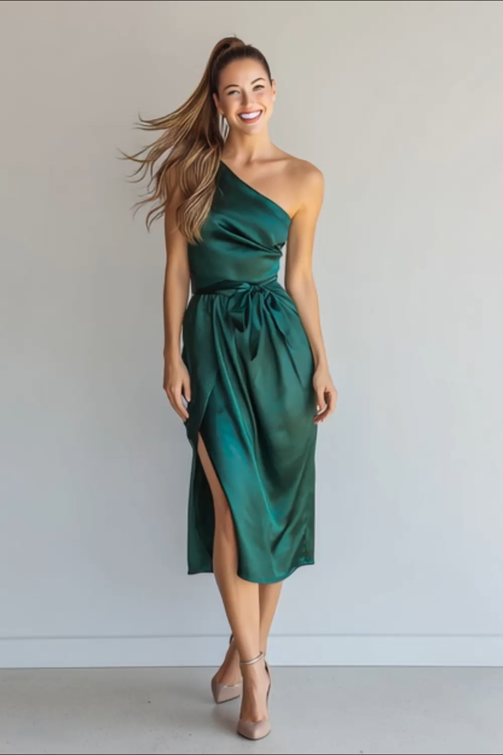 Dark Green Satin Sheath One Shoulder Midi Bridesmaid Dress with Slit