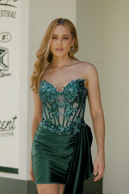 Sparkly Dark Green Satin Corset Short Homecoming Dress with Drape