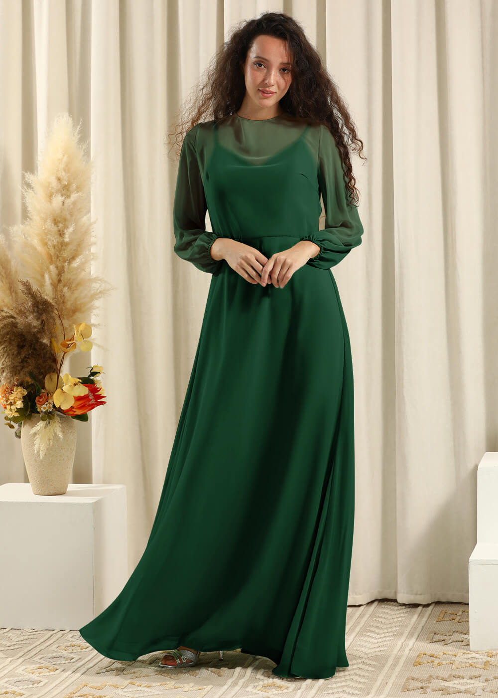 Long Sleeve A-line Chiffon Keyhole Back Bridesmaid Dress