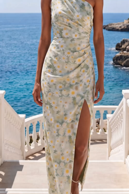 Light Green Floral Maxi Sheath Ruched Wedding Guest Dress with Slit