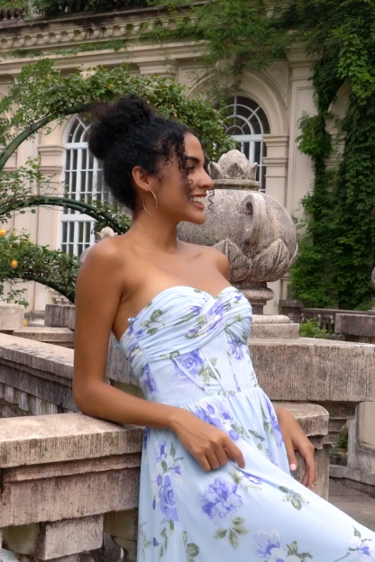 Blue Floral A Line Sweetheart Strapless Pleated Long Wedding Guest Dress