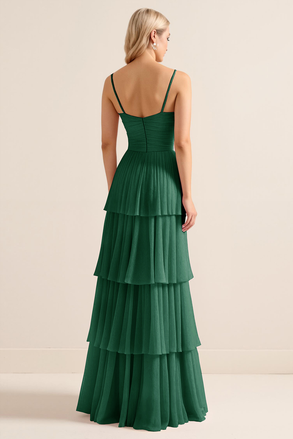 Candy Pink Spaghetti Straps A Line Tiered Maxi Bridesmaid Dress