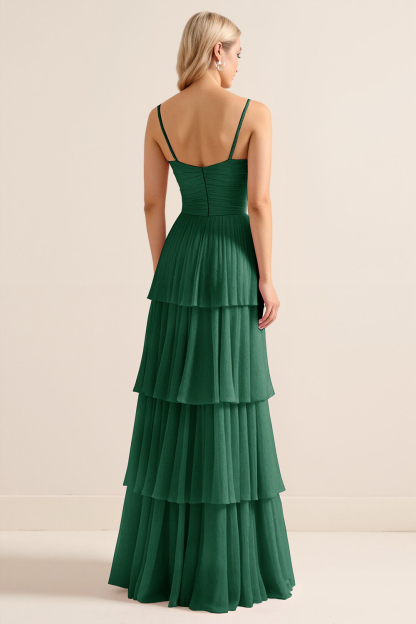 Candy Pink Spaghetti Straps A Line Tiered Maxi Bridesmaid Dress