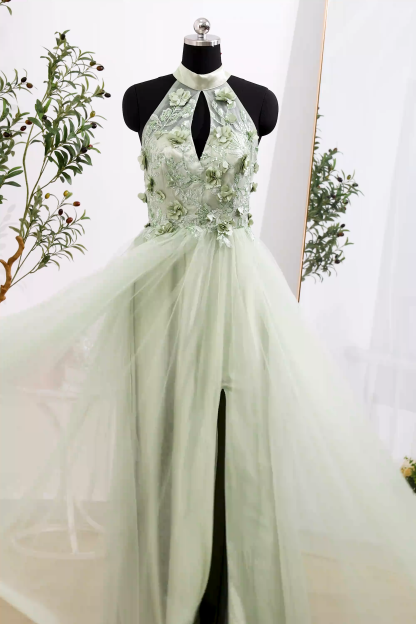 Halter Neck Dusty Sage Floral Long Formal Dress with Slit