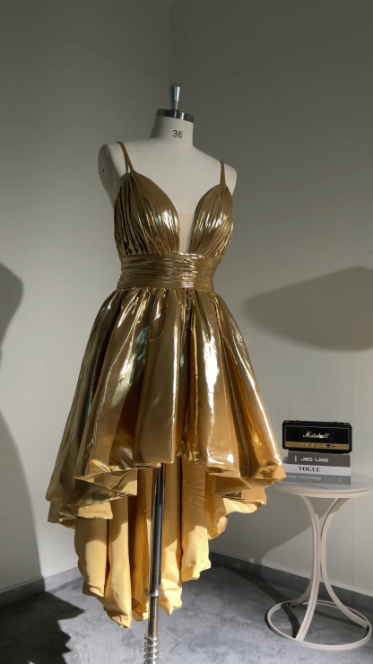 Gold Metallic Ruched A Line High-Low Cocktail Dress