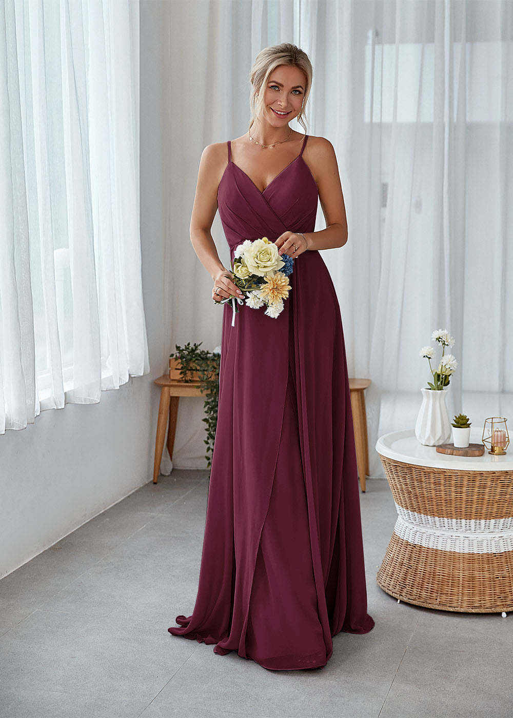 A-line Sleeveless Long Chiffon Bridesmaid Dress