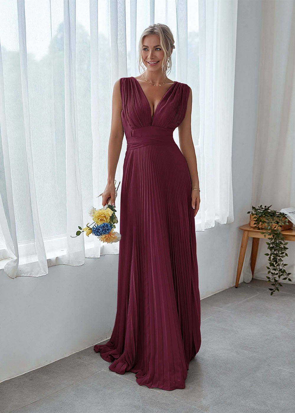 V Back Pleated Bridesmaid Dress