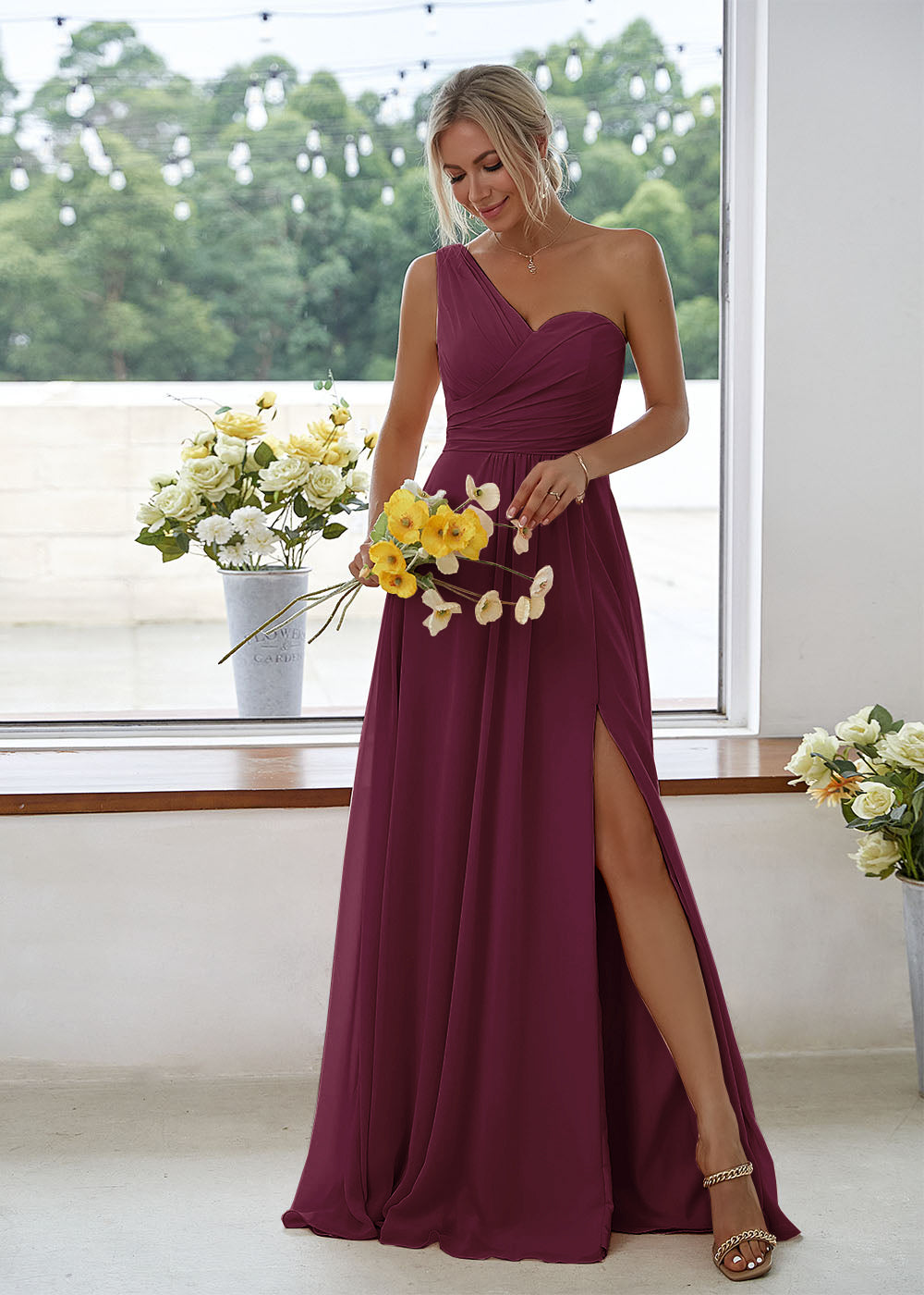 One-Shoulder Side Slit Chiffon A-line Maxi Bridesmaid Dress