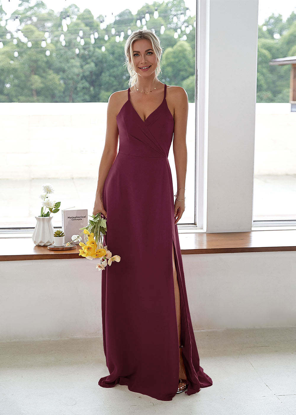 V-neck High Slit Bridesmaid Dress