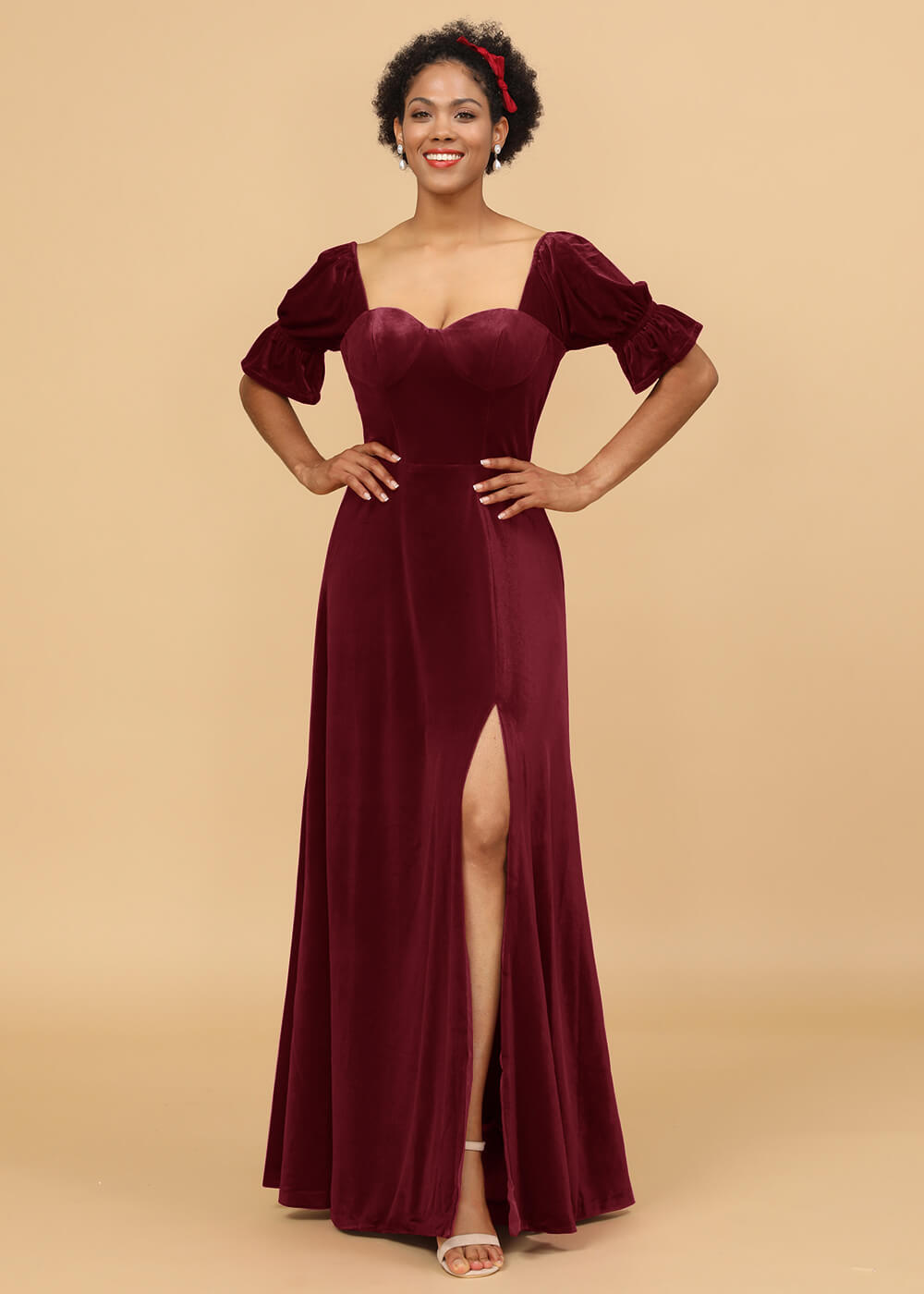 Short Sleeves A-line Open Back Velvet Maxi Bridesmaid Dress with Sllit –  Leely