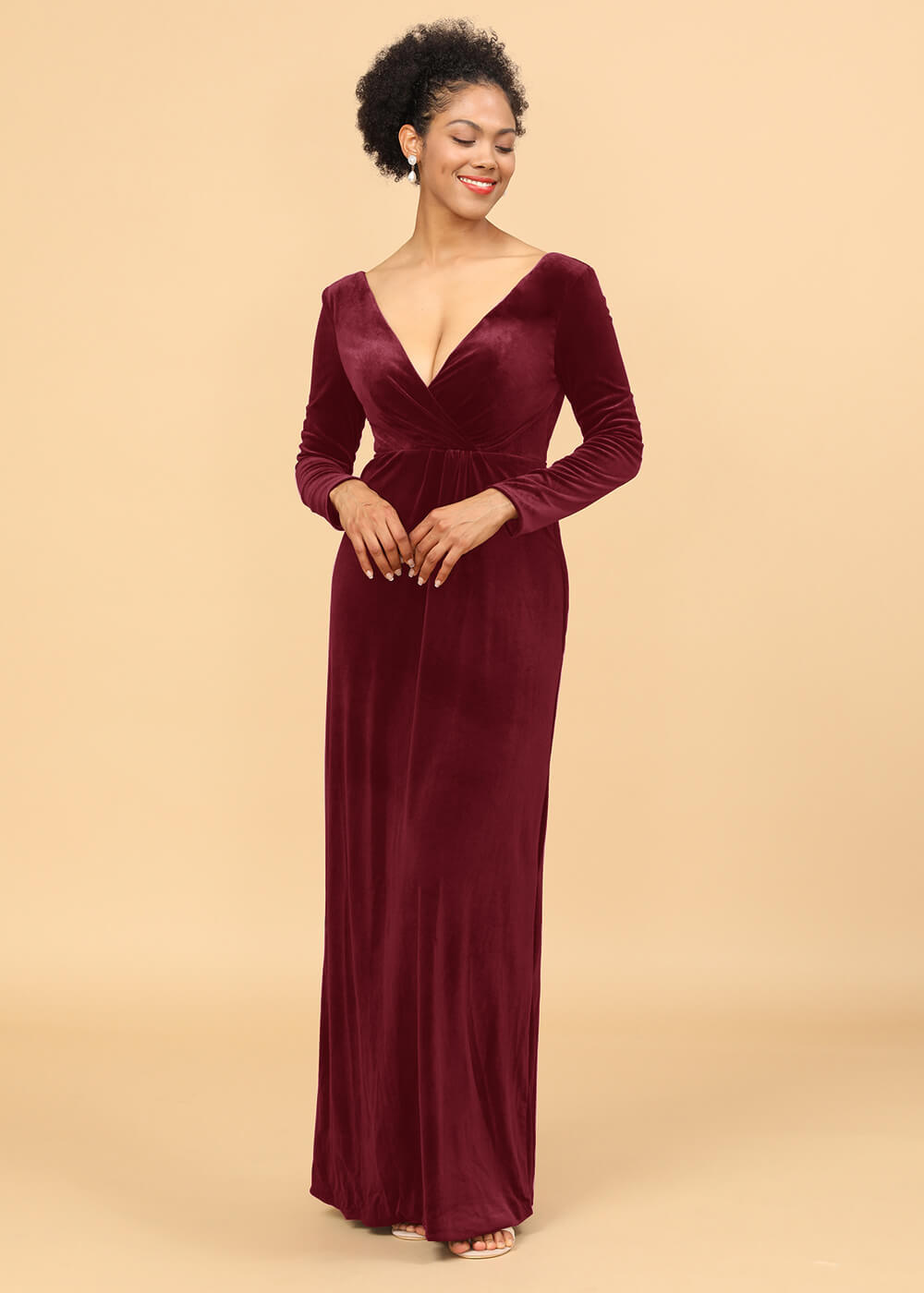 Sheath Long Sleeve V-neck V-back Long Velvet Bridesmaid Dress