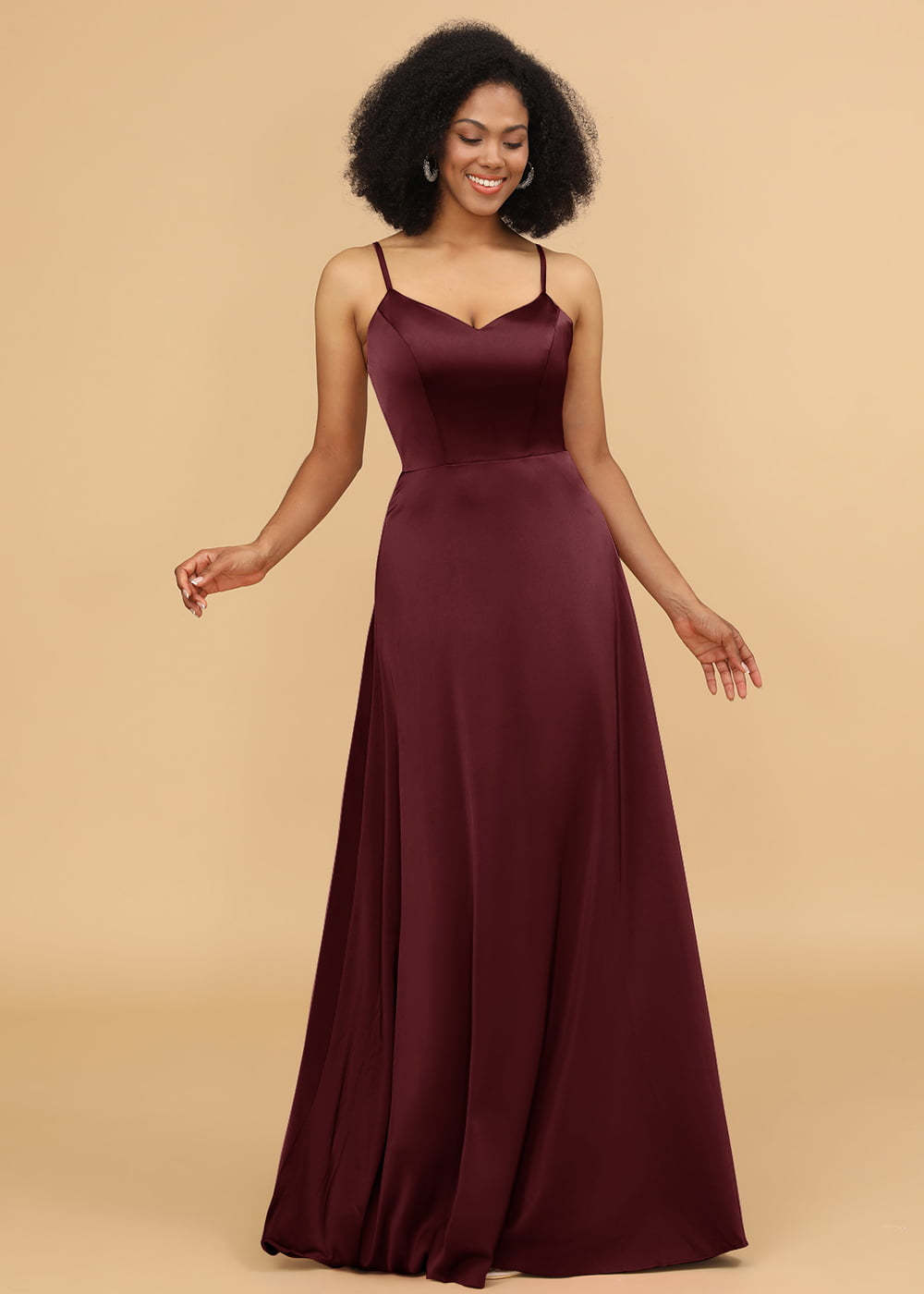 Satin V-neck Spaghetti Strap Bridesmaid Dress