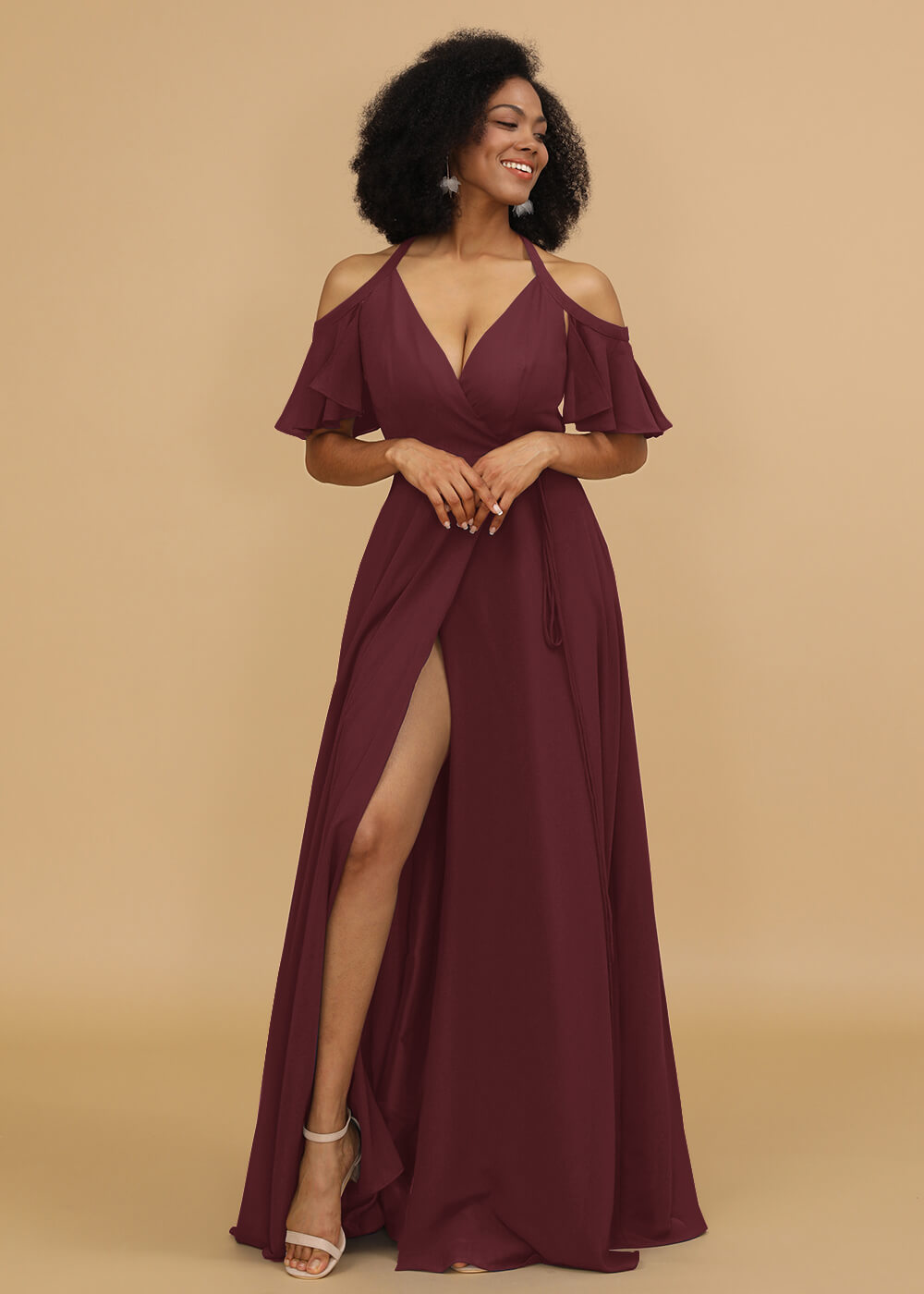 Ruffles Sleeves A-line Wrap Bridesmaid Dress