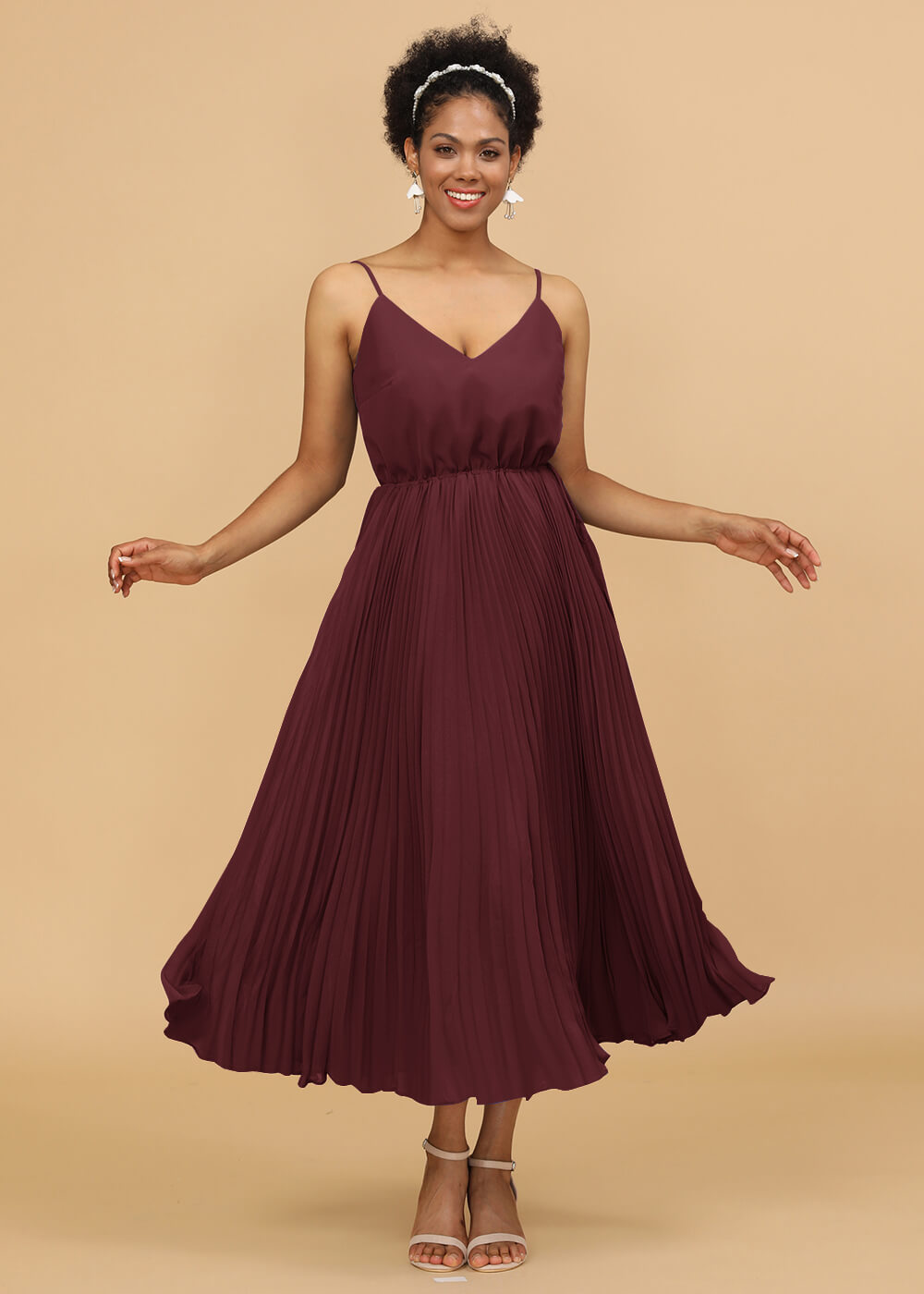 V-neck Spaghetti Strap Tea Length Bridesmaid Dress