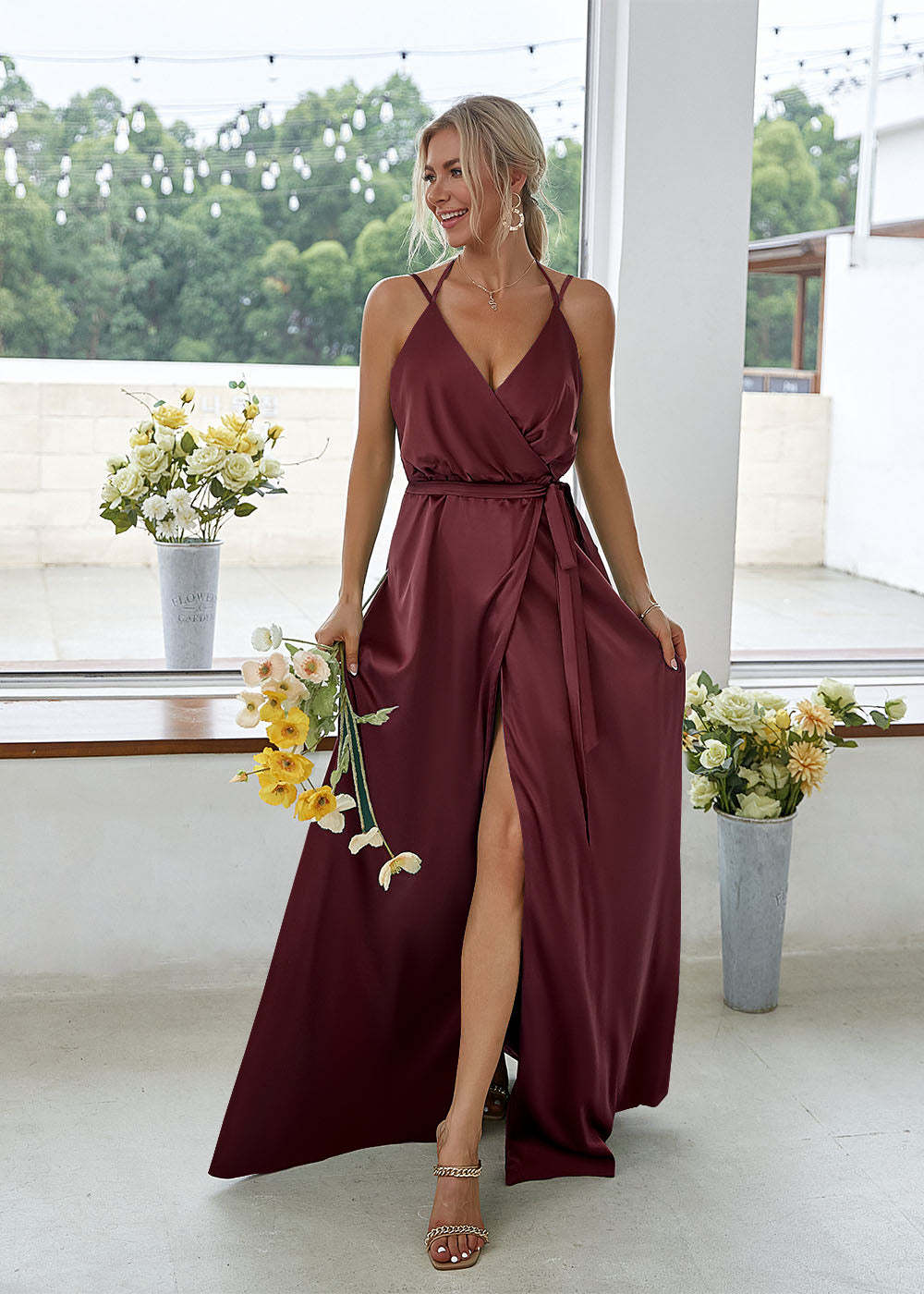 Backless V-neck Side Slit Bridesmaid Dress