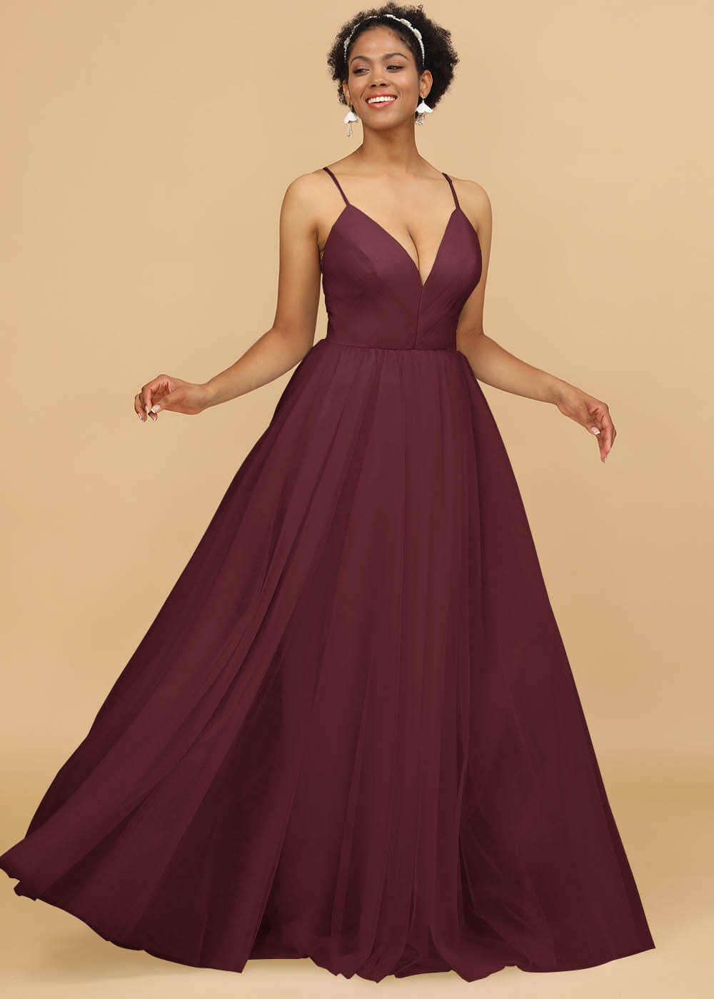 Deep V-neck Strap Tulle Bridesmaid Dress