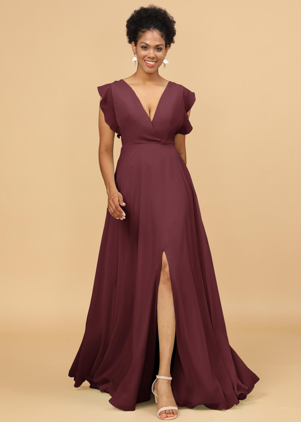 V-neck Ruffles Cap Sleeve Chiffon Bridesmaid Dress