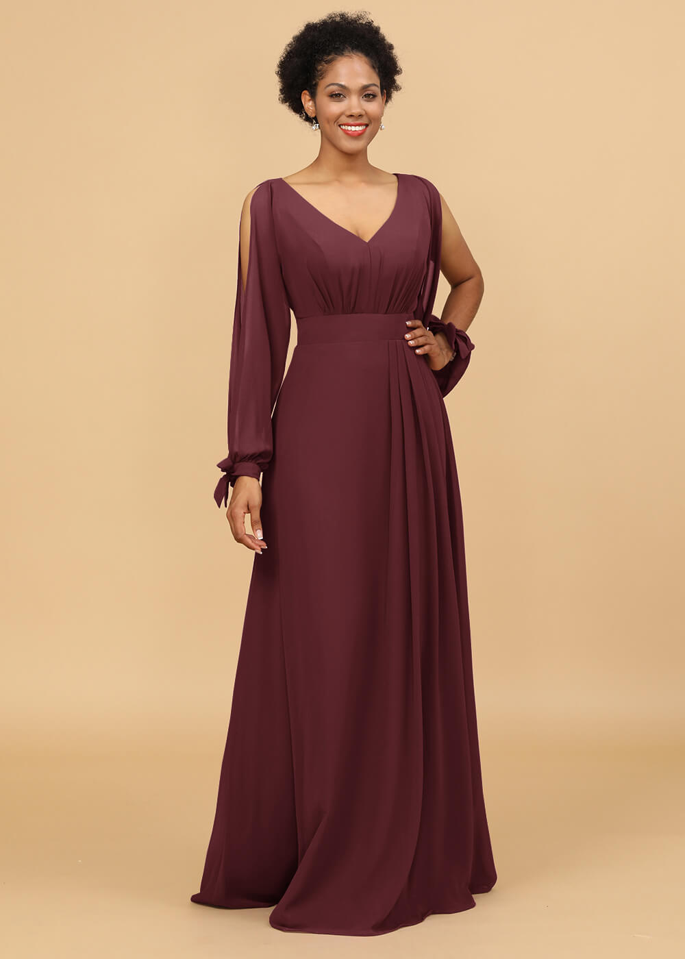 Long Sleeves A-line Chiffon Bridesmaid Dress