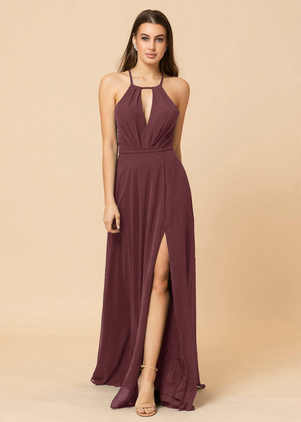 Halter Neck Chiffon Floor Length Bridesmaid Dress