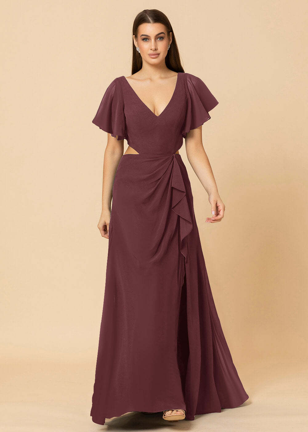 V-neck Waist Cut Out Floor Length Bridesmaid Dress