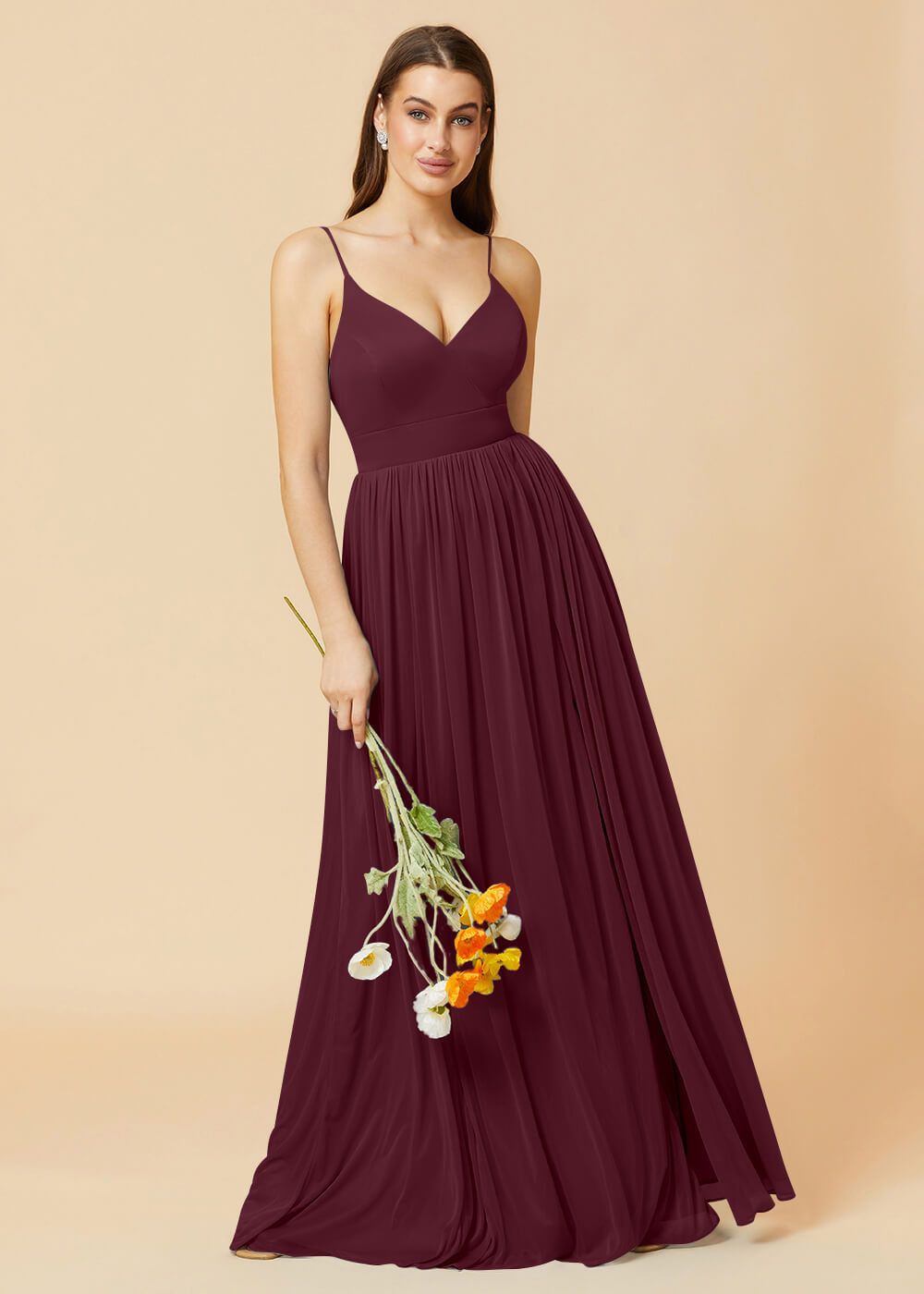 V-neck Spaghetti Strap Open Back Chiffon Bridesmaid Dress